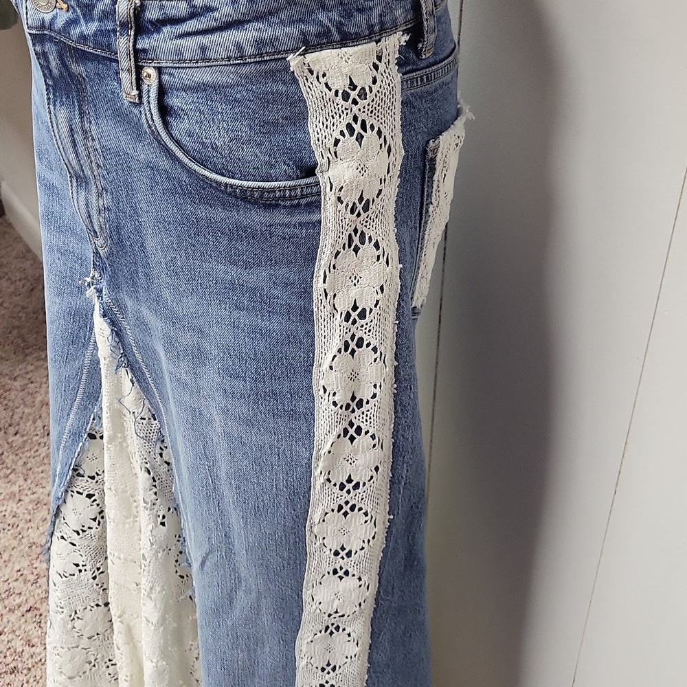 Boho Denim Maxi Skirt with White Lace Panels, Size 8 - Picture 4 of 11